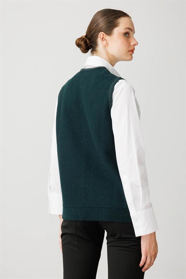 Kadın Pıtırcık Çiçekli Patchwork Keçe Yün Yelek Yeşil_Kiremit