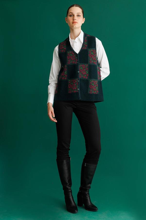 Kadın Pıtırcık Çiçekli Patchwork Keçe Yün Yelek Yeşil_Mürdüm