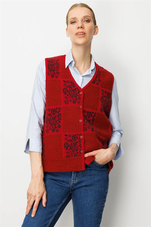 Kadın Pıtırcık Çiçekli Patchwork Keçe Yün Yelek Y.Kırmızı_K.Mürdüm