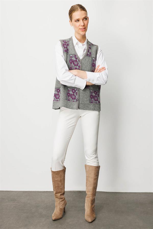 Kadın Pıtırcık Çiçekli Patchwork Keçe Yün Yelek Y.Füme_A.Mor