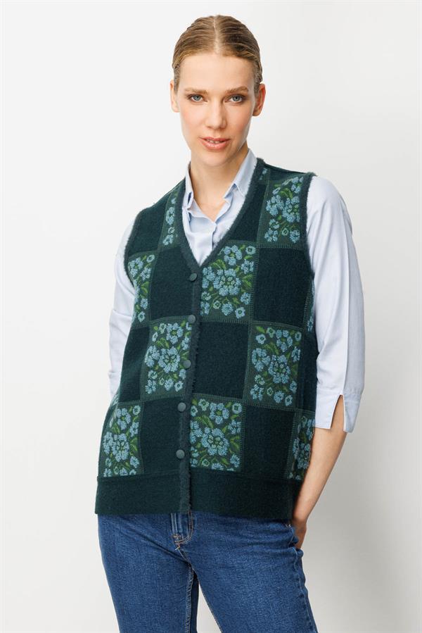 Kadın Pıtırcık Çiçekli Patchwork Keçe Yün Yelek Yeşil_M.Yeşili
