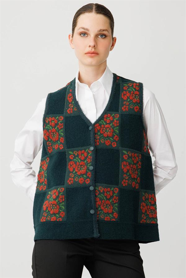 Kadın Pıtırcık Çiçekli Patchwork Keçe Yün Yelek Yeşil_Kiremit