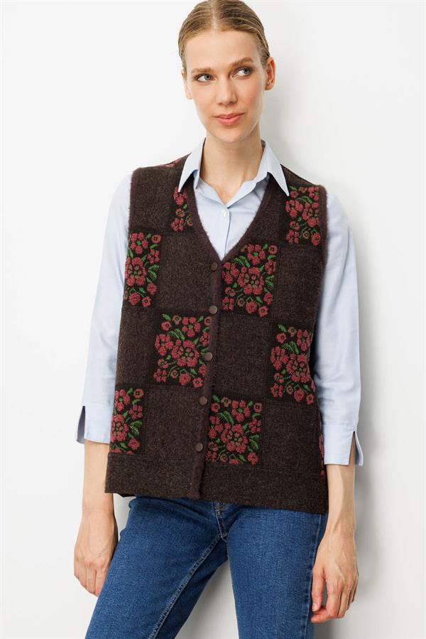 Kadın Pıtırcık Çiçekli Patchwork Keçe Yün Yelek K.Kahve_G.Kurusu