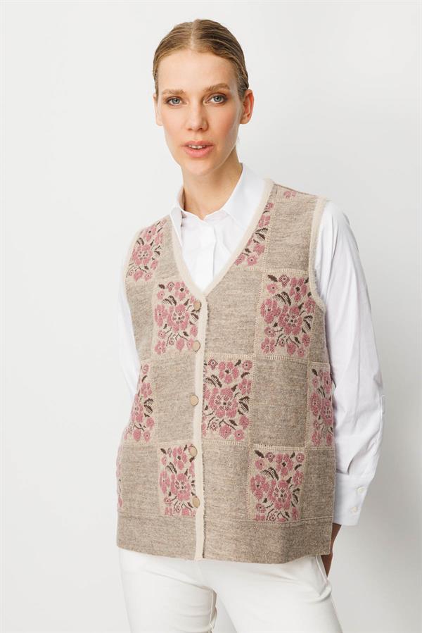 Kadın Pıtırcık Çiçekli Patchwork Keçe Yün Yelek Bej_Y.G..Kurusu