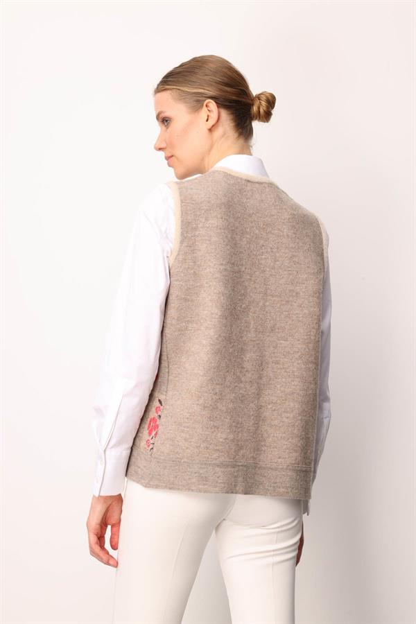 Kadın Pıtırcık Çiçekli Patchwork Keçe Yün Yelek Bej_Y.Ş.Pembe