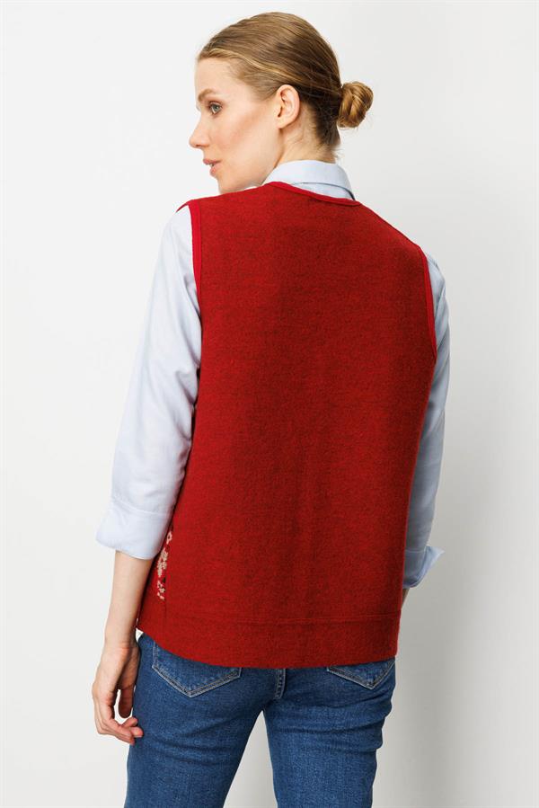 Kadın Pıtırcık Çiçekli Patchwork Keçe Yün Yelek Y.Kırmızı_Bej