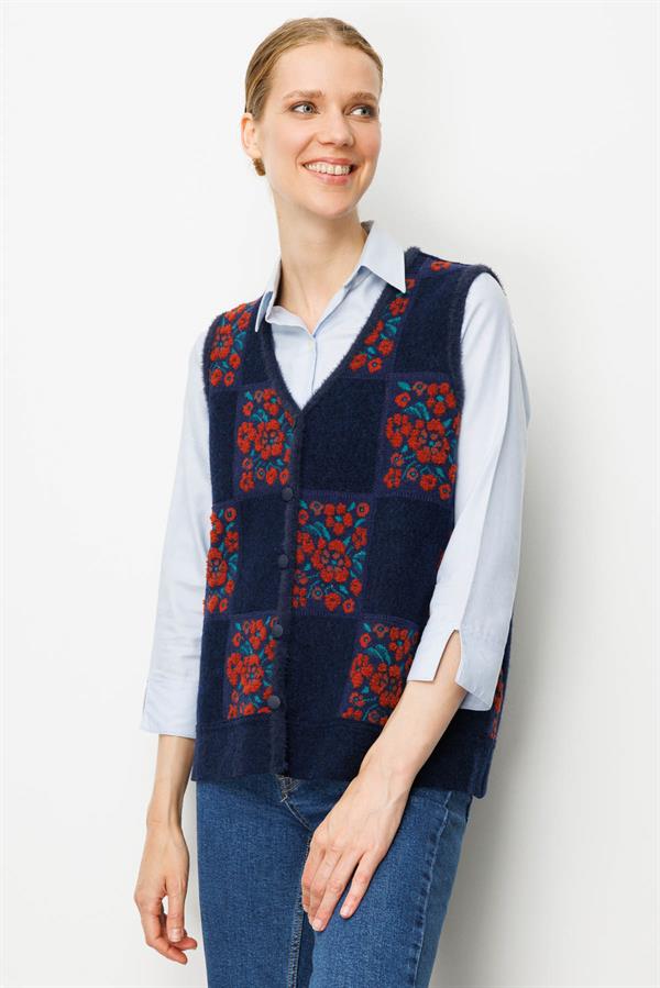 Kadın Pıtırcık Çiçekli Patchwork Keçe Yün Yelek K.Kiremit