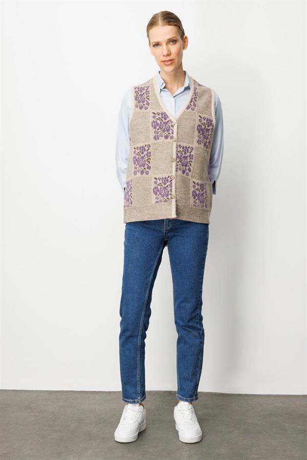 Kadın Pıtırcık Çiçekli Patchwork Keçe Yün Yelek Bej_Mor