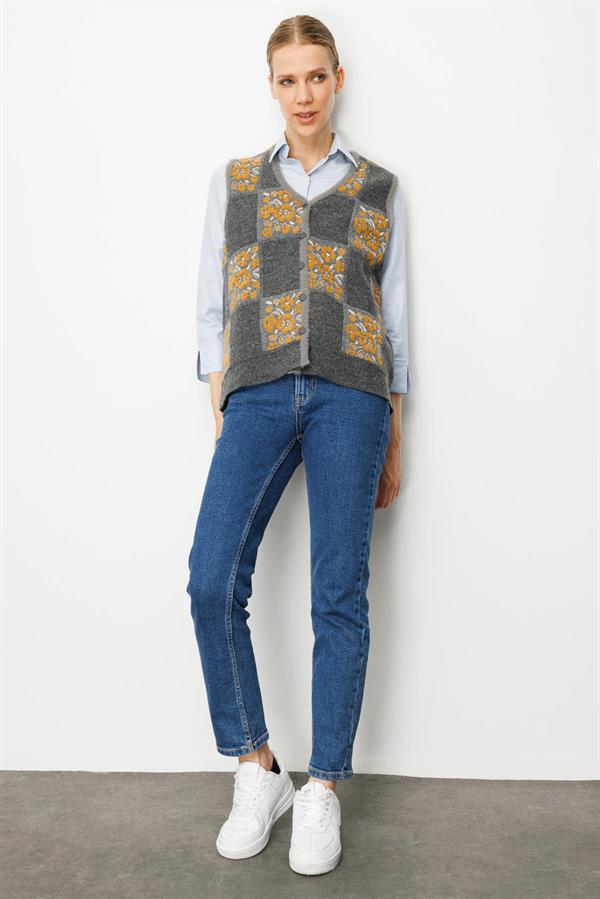 Kadın Pıtırcık Çiçekli Patchwork Keçe Yün Yelek Füme_Hardal