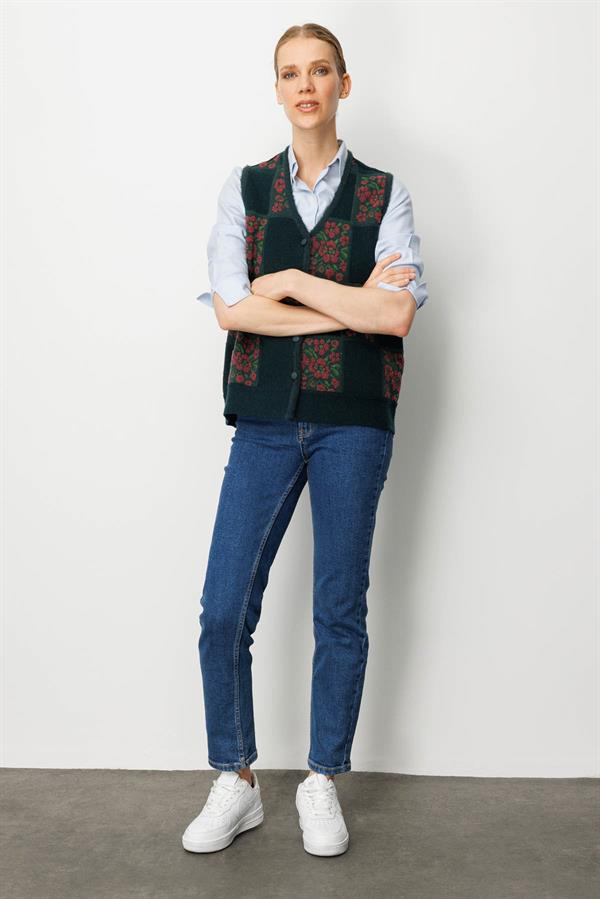 Kadın Pıtırcık Çiçekli Patchwork Keçe Yün Yelek Yeşil_K.G.Kurusu