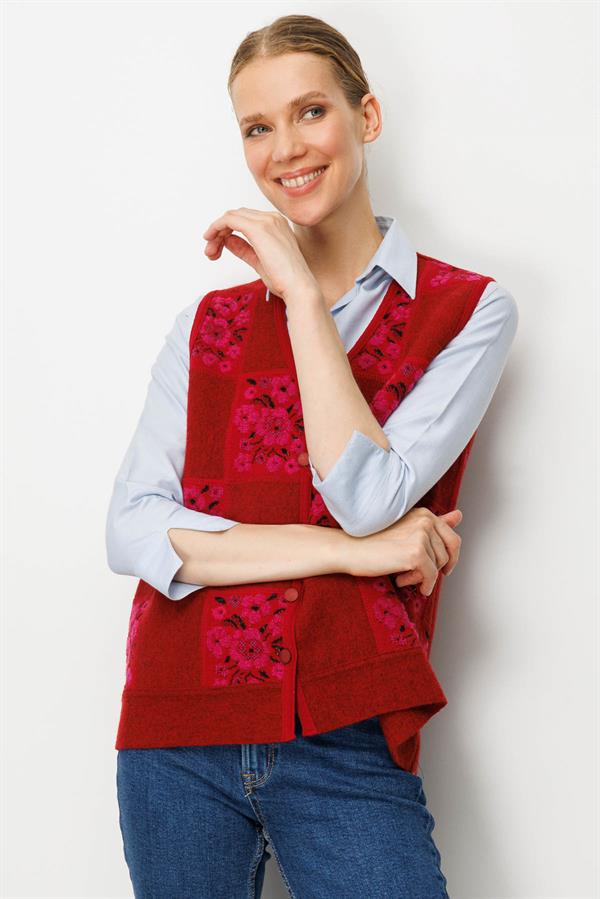 Kadın Pıtırcık Çiçekli Patchwork Keçe Yün Yelek Y.Kırmızı_Sıklamen