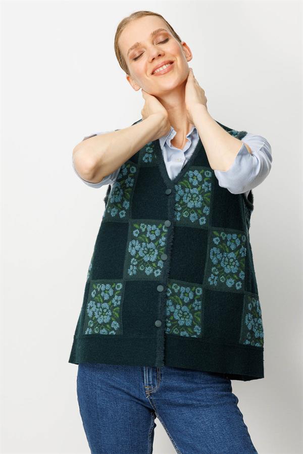 Kadın Pıtırcık Çiçekli Patchwork Keçe Yün Yelek Yeşil_M.Yeşili