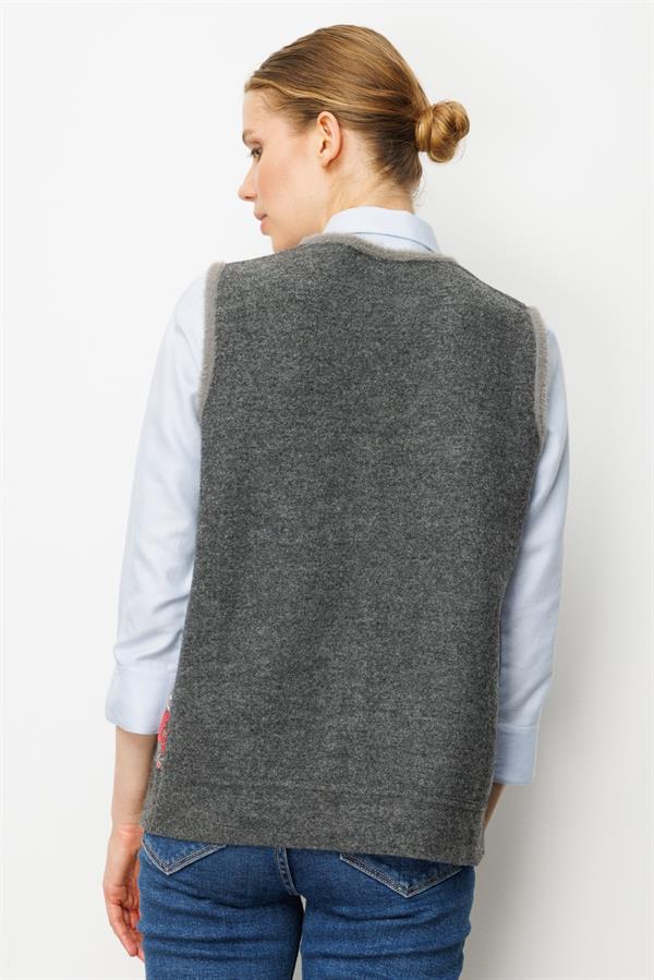 Kadın Pıtırcık Çiçekli Patchwork Keçe Yün Yelek Füme_Y.Ş.Pembe