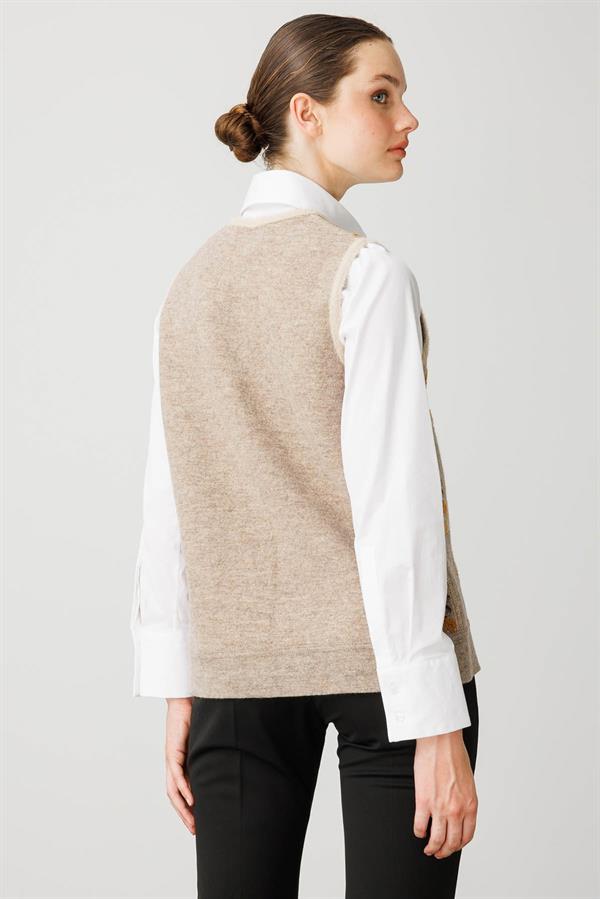 Kadın Pıtırcık Çiçekli Patchwork Keçe Yün Yelek Bej_Hardal