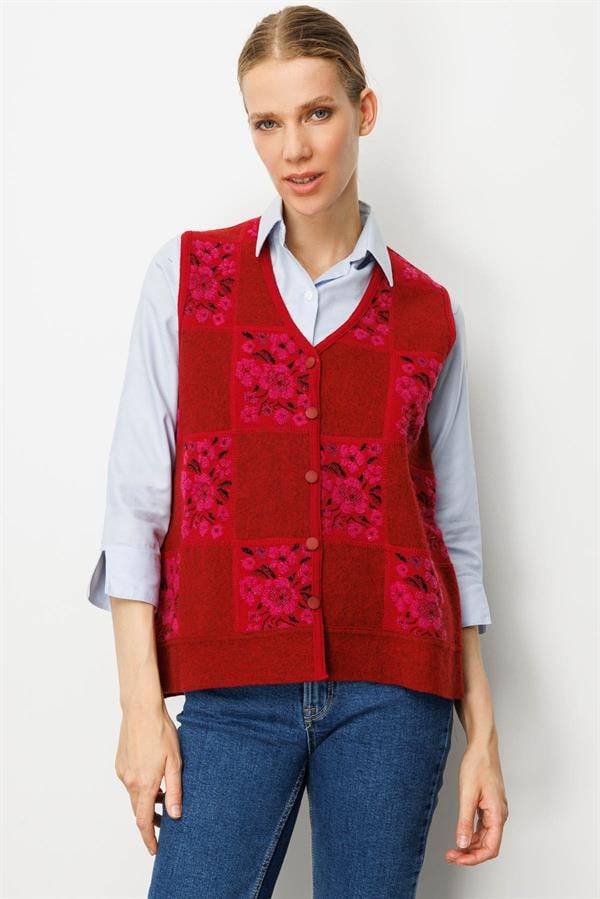 Kadın Pıtırcık Çiçekli Patchwork Keçe Yün Yelek Y.Kırmızı_Sıklamen