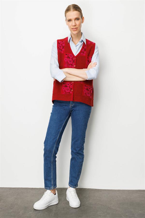 Kadın Pıtırcık Çiçekli Patchwork Keçe Yün Yelek Y.Kırmızı_Sıklamen