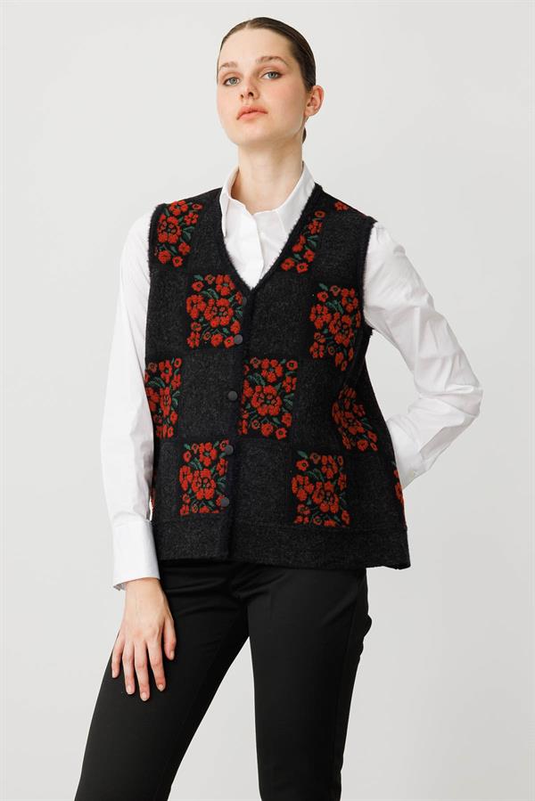Kadın Pıtırcık Çiçekli Patchwork Keçe Yün Yelek Siyah_K.Kiremit