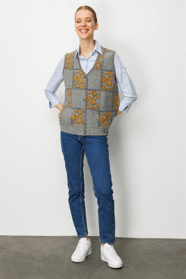 Kadın Pıtırcık Çiçekli Patchwork Keçe Yün Yelek Y.Füme_Hardal