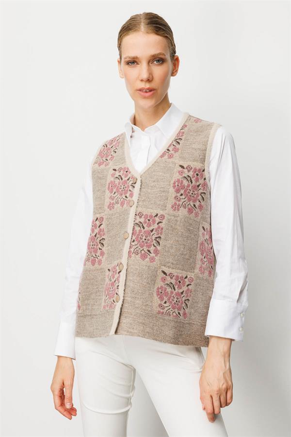 Kadın Pıtırcık Çiçekli Patchwork Keçe Yün Yelek Bej_Y.G..Kurusu
