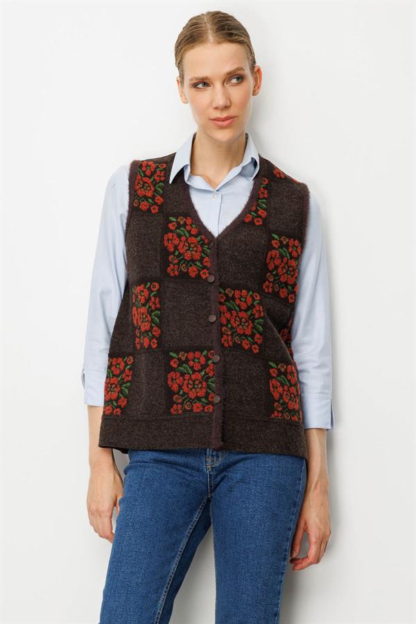 Kadın Pıtırcık Çiçekli Patchwork Keçe Yün Yelek K.Kahve_Kiremit