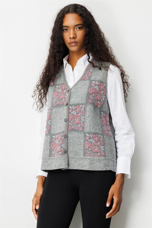 Kadın Pıtırcık Çiçekli Patchwork Keçe Yün Yelek Y.Füme_Y.G.Kurusu