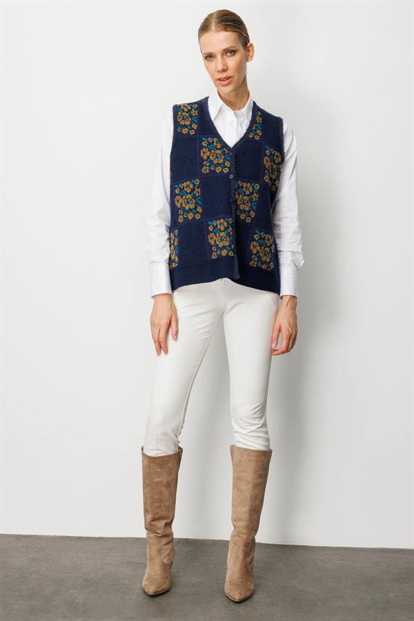 Kadın Pıtırcık Çiçekli Patchwork Keçe Yün Yelek O.Haki