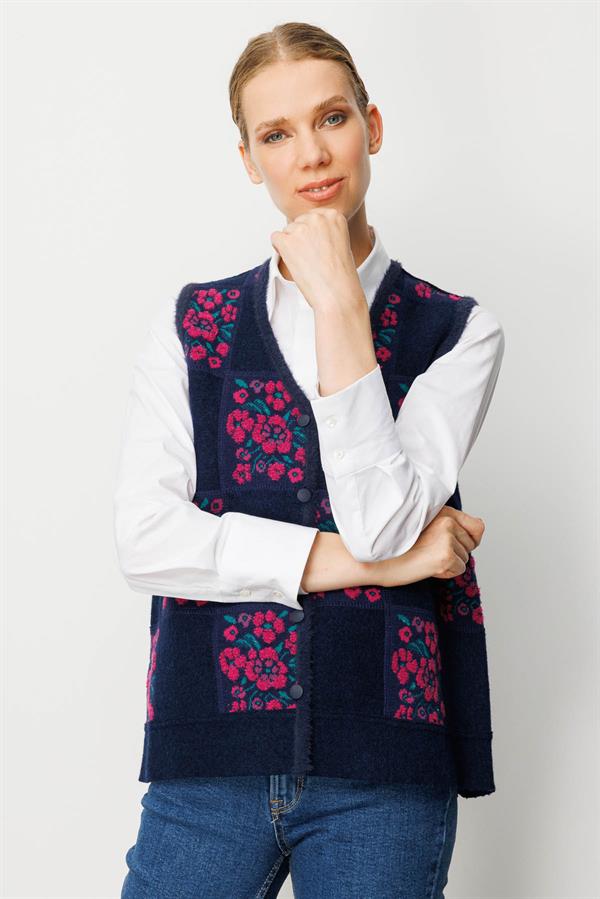 Kadın Pıtırcık Çiçekli Patchwork Keçe Yün Yelek Sıklamen