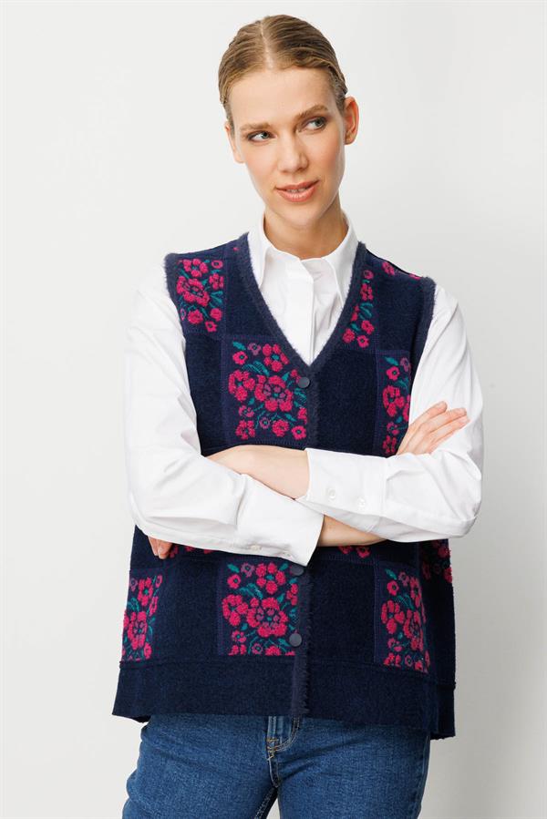 Kadın Pıtırcık Çiçekli Patchwork Keçe Yün Yelek Sıklamen