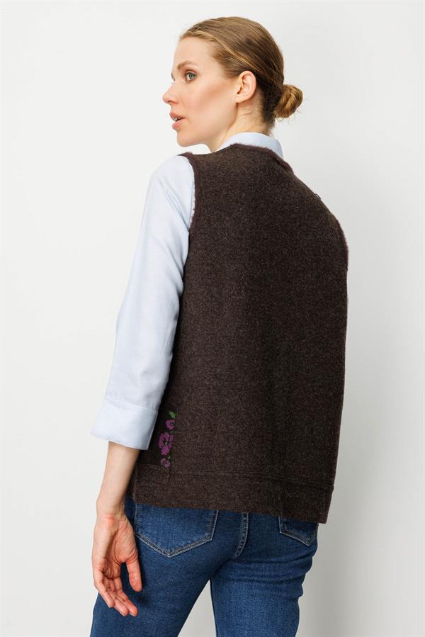 Kadın Pıtırcık Çiçekli Patchwork Keçe Yün Yelek K.Kahve_K.Kırmızı