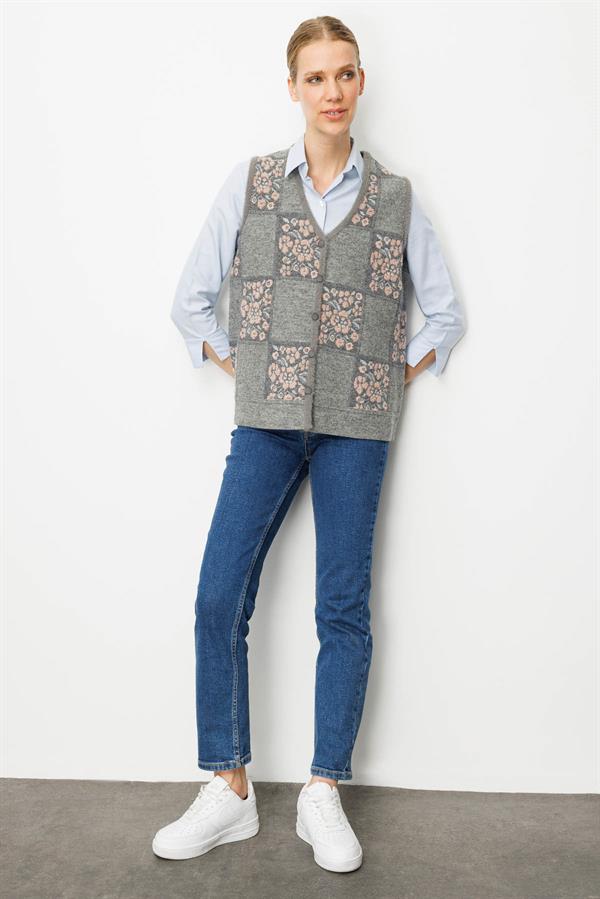 Kadın Pıtırcık Çiçekli Patchwork Keçe Yün Yelek Y.Füme_A.Pembe