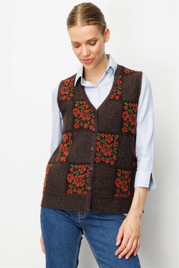 Kadın Pıtırcık Çiçekli Patchwork Keçe Yün Yelek K.Kahve_Kiremit