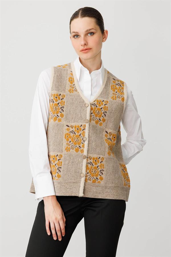 Kadın Pıtırcık Çiçekli Patchwork Keçe Yün Yelek Bej_Hardal