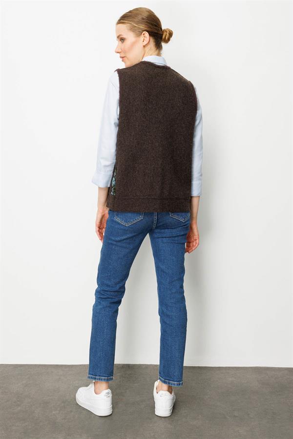 Kadın Pıtırcık Çiçekli Patchwork Keçe Yün Yelek K.Kahve_M.Yeşil