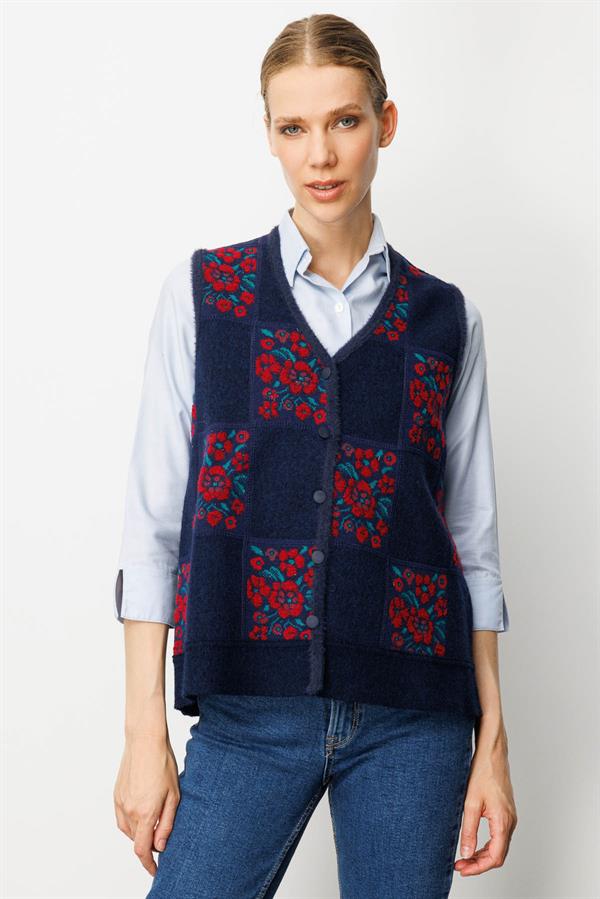 Kadın Pıtırcık Çiçekli Patchwork Keçe Yün Yelek Y.A.Lacivert_K.Kırmızı