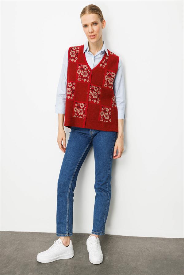 Kadın Pıtırcık Çiçekli Patchwork Keçe Yün Yelek Y.Kırmızı_Bej