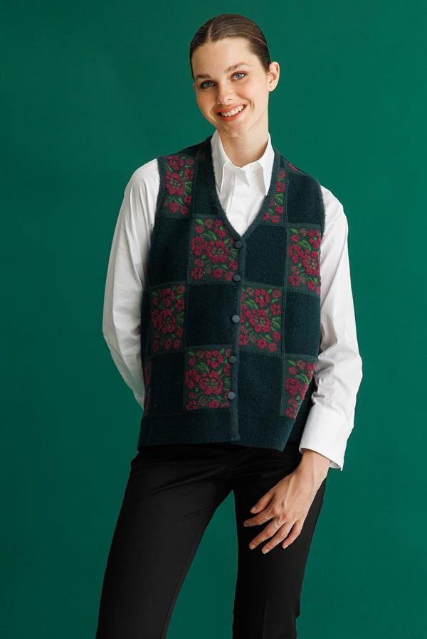 Kadın Pıtırcık Çiçekli Patchwork Keçe Yün Yelek Yeşil_Mürdüm