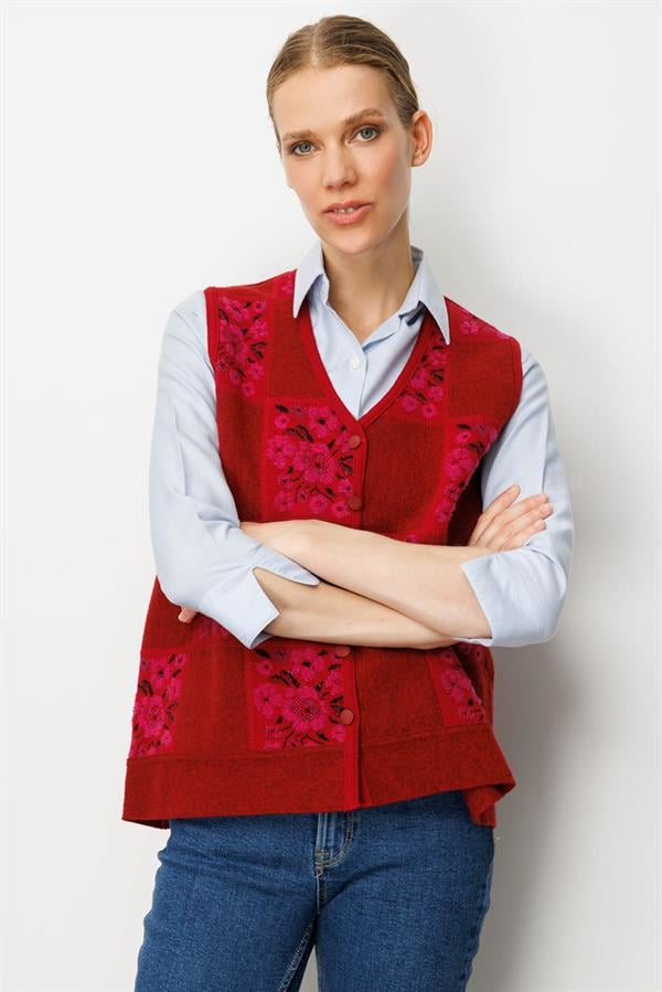 Kadın Pıtırcık Çiçekli Patchwork Keçe Yün Yelek Y.Kırmızı_Sıklamen