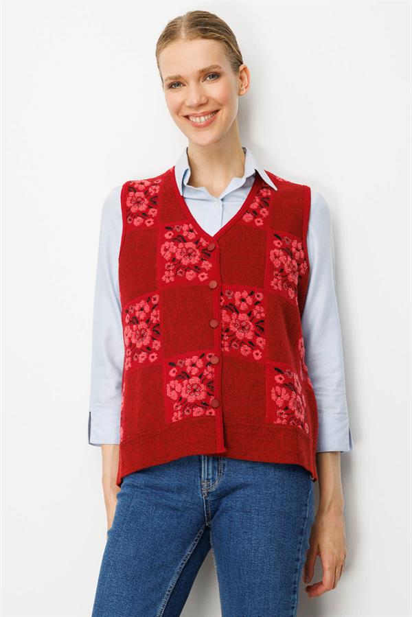 Kadın Pıtırcık Çiçekli Patchwork Keçe Yün Yelek Y.Kırmızı_Y.Ş.Pembe