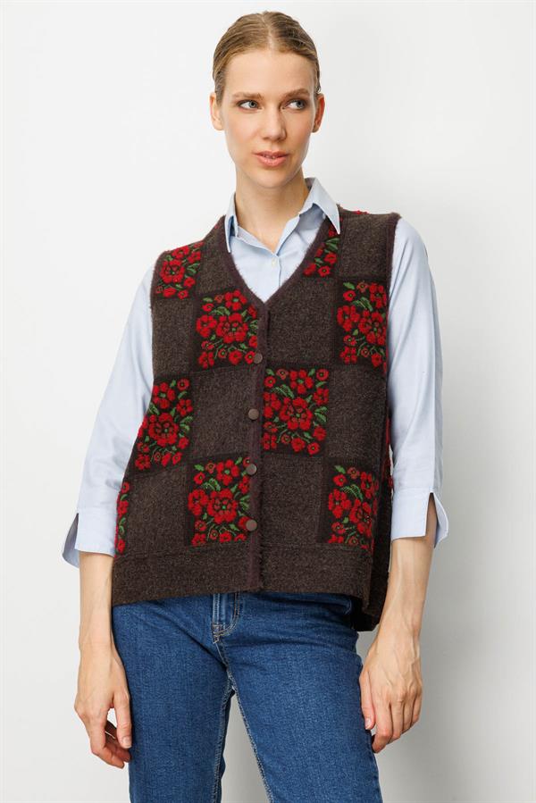 Kadın Pıtırcık Çiçekli Patchwork Keçe Yün Yelek K.Kahve_K.Kırmızı
