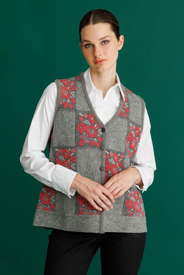 Kadın Pıtırcık Çiçekli Patchwork Keçe Yün Yelek Y.Füme_Y.Ş.Pembe