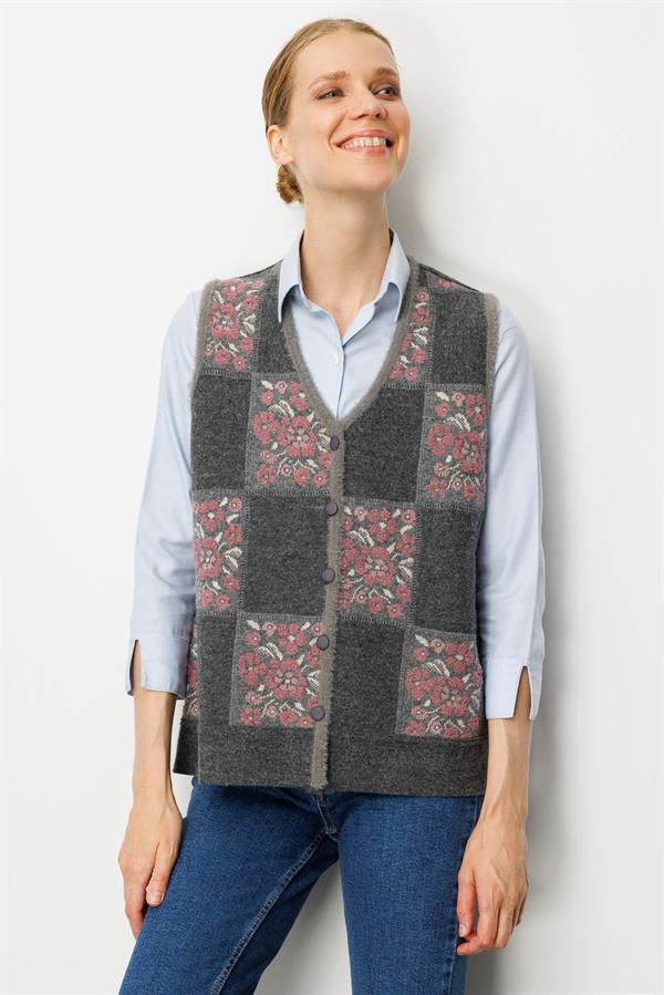 Kadın Pıtırcık Çiçekli Patchwork Keçe Yün Yelek Füme_Y.G.Kurusu