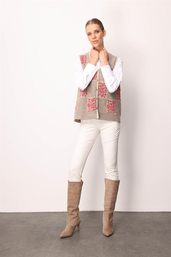 Kadın Pıtırcık Çiçekli Patchwork Keçe Yün Yelek Bej_Y.Ş.Pembe