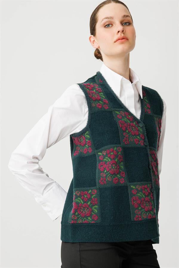 Kadın Pıtırcık Çiçekli Patchwork Keçe Yün Yelek Yeşil_Mürdüm