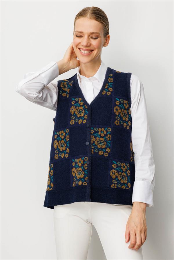 Kadın Pıtırcık Çiçekli Patchwork Keçe Yün Yelek O.Haki