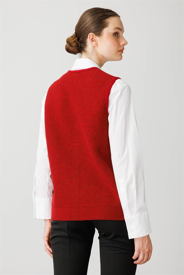 Kadın Pıtırcık Çiçekli Patchwork Keçe Yün Yelek Y.Kırmızı_K.mor