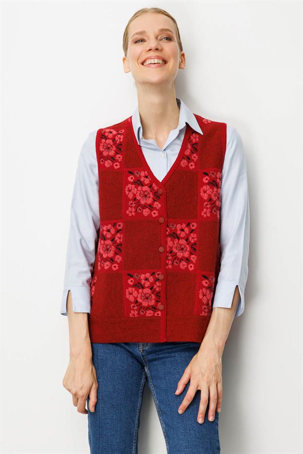 Kadın Pıtırcık Çiçekli Patchwork Keçe Yün Yelek Y.Kırmızı_Y.Ş.Pembe