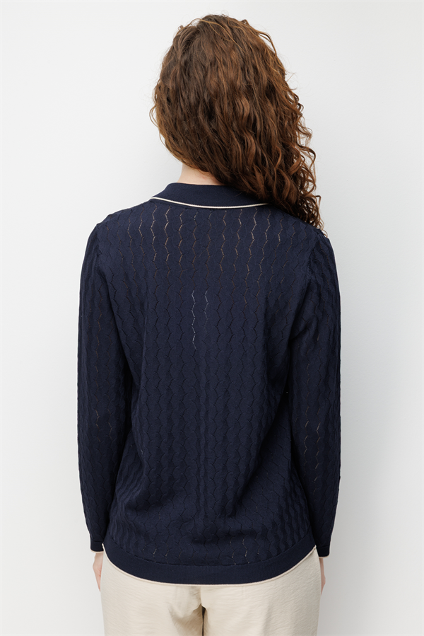 Kadın Polo Yaka Ajurlu Araboy İnce Triko Hırka K.Lacivert