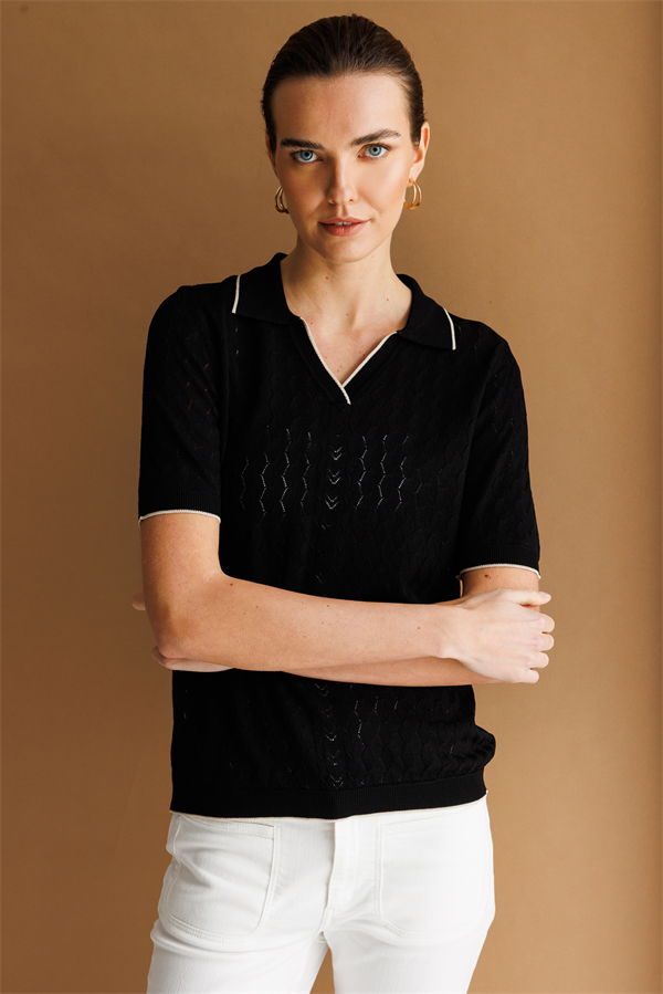 Kadın Polo Yaka Ajurlu İnce Triko Bluz Siyah