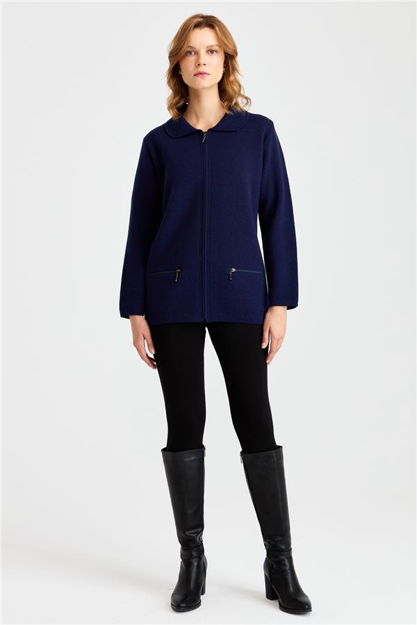 Женский шерстяной кардиган с вырезом поло и карманом на молнии