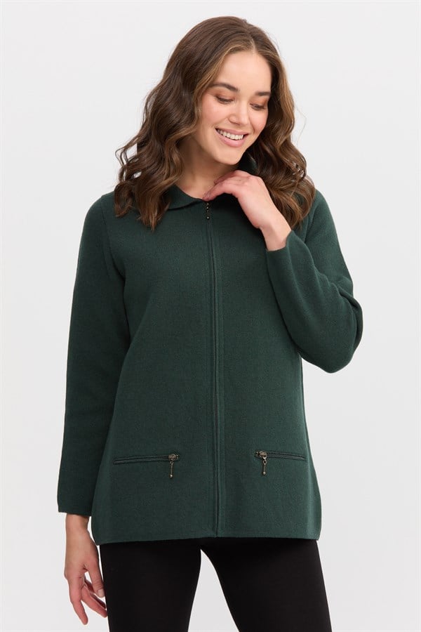 Женский шерстяной кардиган с вырезом поло и карманом на молнии зеленый 